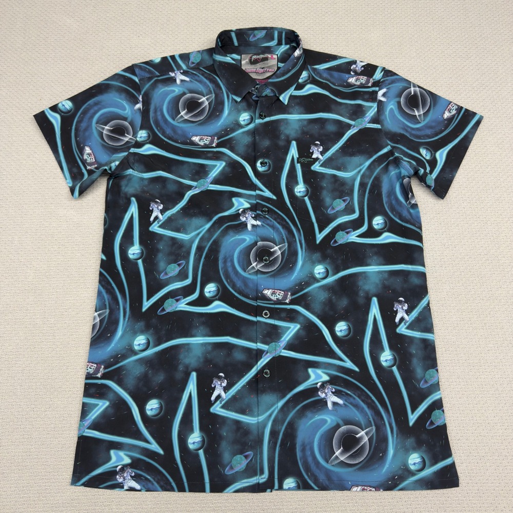Retro Rifle Shirt Mens Large Blue Black Dark Matter Outer Space Button Down